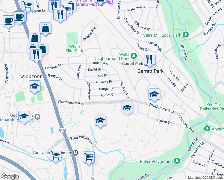 map of restaurants, bars, coffee shops, grocery stores, and more near 4912 Bangor Drive in Kensington