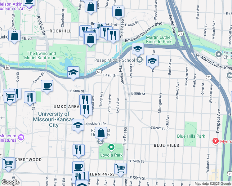 map of restaurants, bars, coffee shops, grocery stores, and more near 5000 Lydia Avenue in Kansas City
