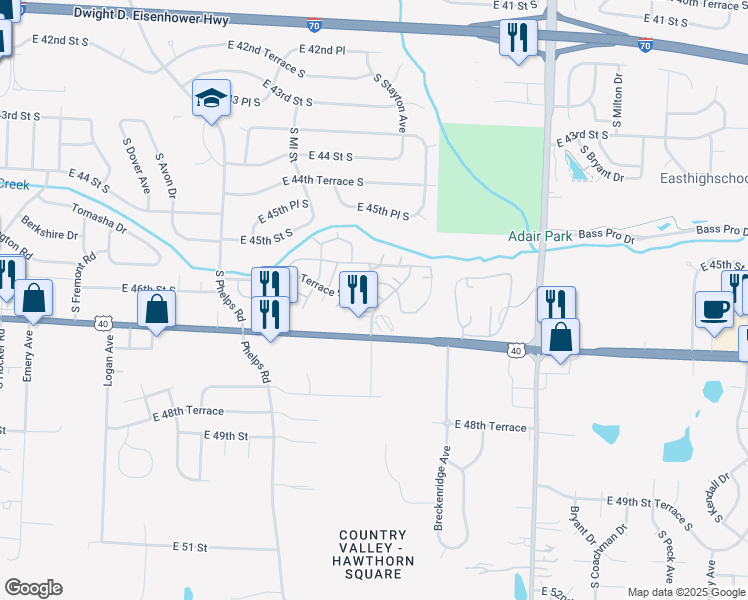 map of restaurants, bars, coffee shops, grocery stores, and more near 15709 East 46 Street South in Independence
