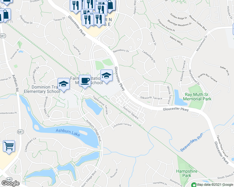 map of restaurants, bars, coffee shops, grocery stores, and more near 20974 Sebago Lane in Ashburn