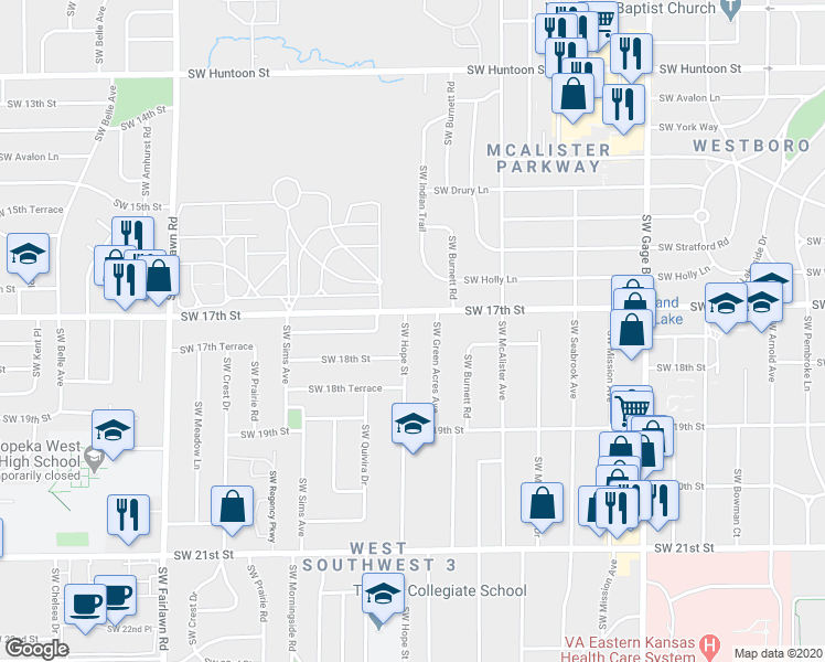 map of restaurants, bars, coffee shops, grocery stores, and more near 1712 Southwest Hope Street in Topeka