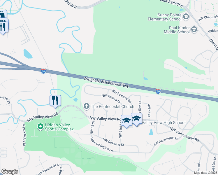 map of restaurants, bars, coffee shops, grocery stores, and more near 1452 Northwest Foxboro Road in Blue Springs