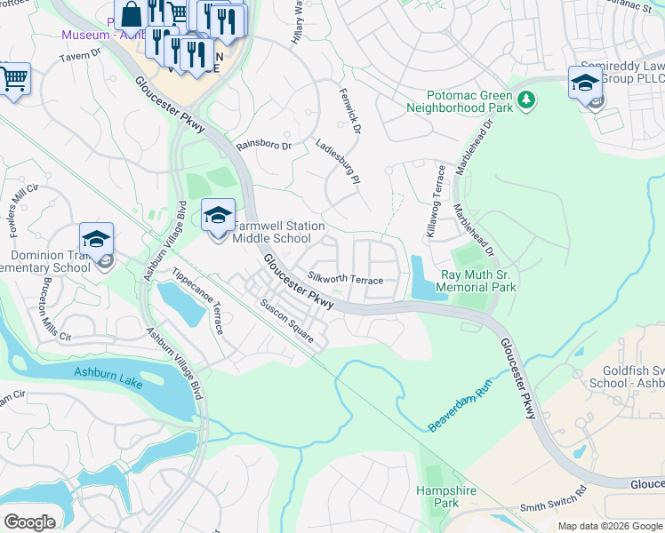 map of restaurants, bars, coffee shops, grocery stores, and more near 20955 Duryea Terrace in Ashburn