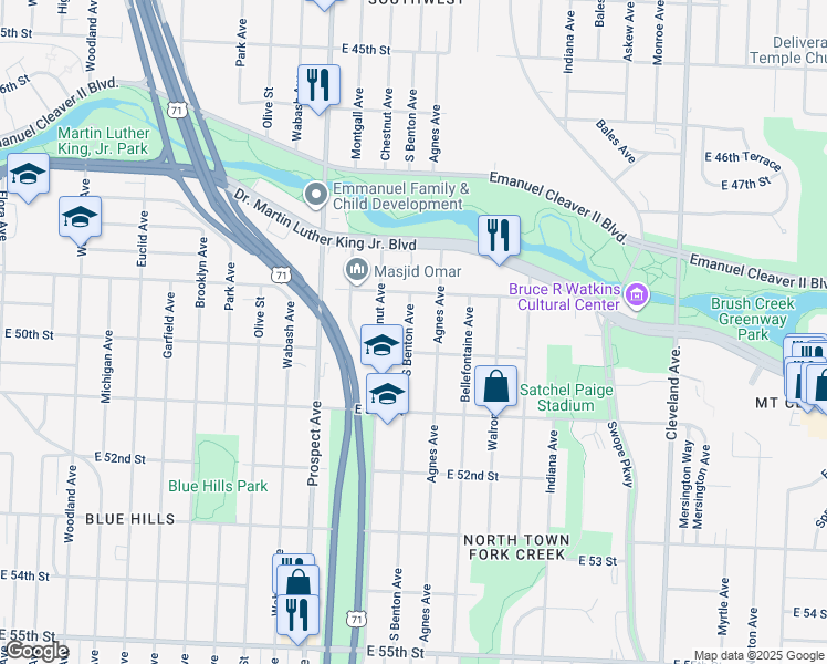 map of restaurants, bars, coffee shops, grocery stores, and more near 4931 South Benton Avenue in Kansas City