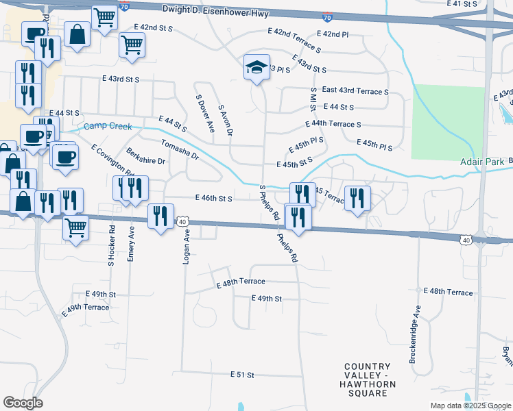 map of restaurants, bars, coffee shops, grocery stores, and more near 15109 East 46th Street South in Independence