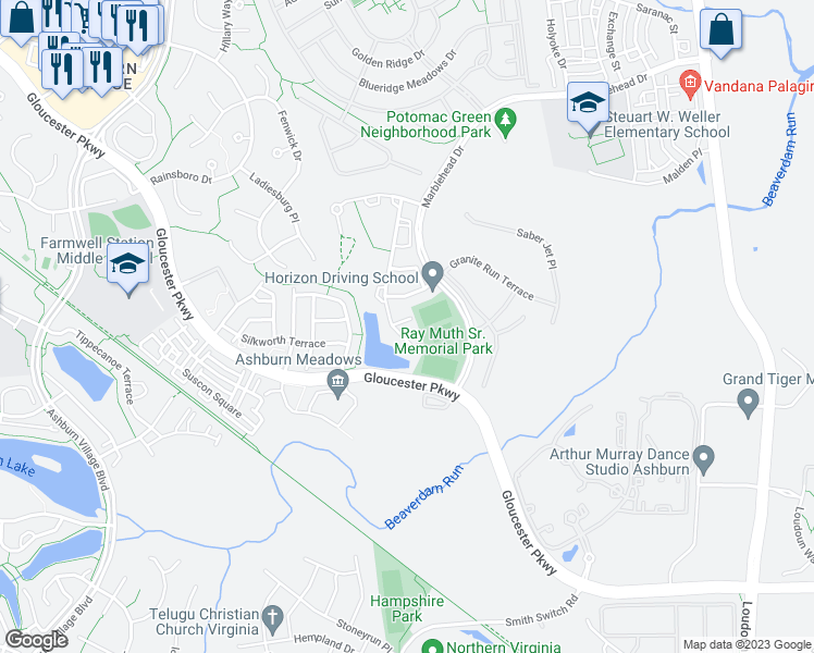 map of restaurants, bars, coffee shops, grocery stores, and more near 44475 Watertown Terrace in Ashburn