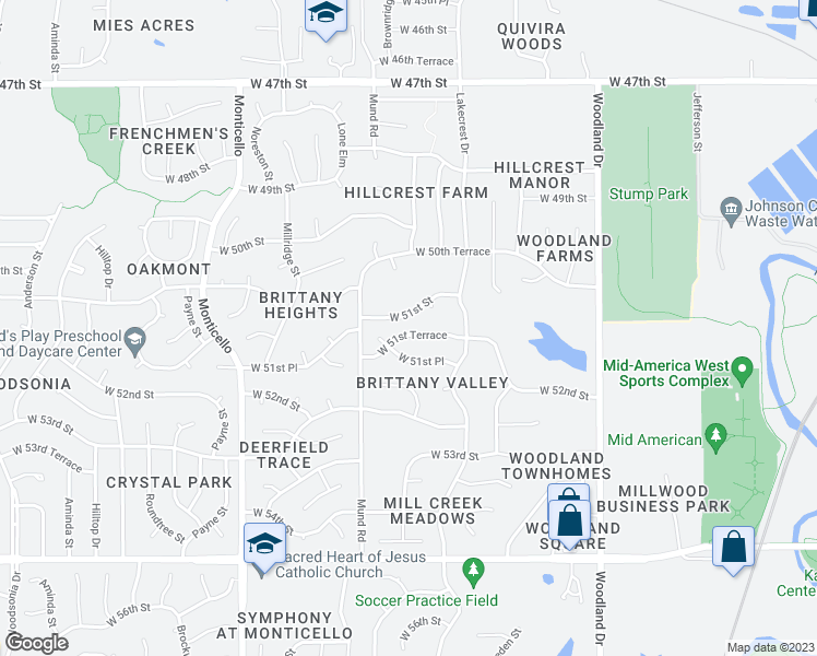 map of restaurants, bars, coffee shops, grocery stores, and more near 21310 West 51st Terrace in Shawnee