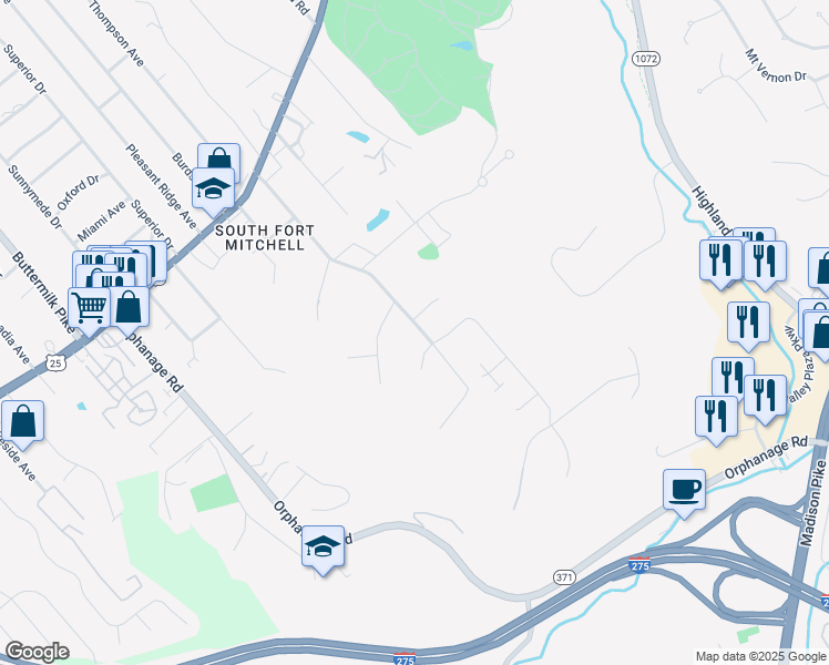 map of restaurants, bars, coffee shops, grocery stores, and more near 315 Highland Avenue in Fort Mitchell