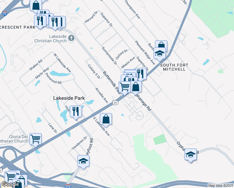 map of restaurants, bars, coffee shops, grocery stores, and more near 9 Buttermilk Pike in Lakeside Park