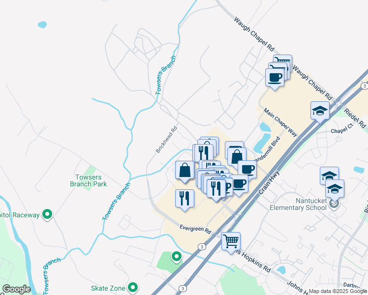 map of restaurants, bars, coffee shops, grocery stores, and more near 980 Waugh Chapel Way in Gambrills