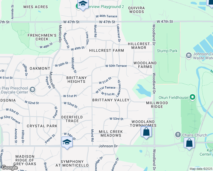 map of restaurants, bars, coffee shops, grocery stores, and more near 21310 West 51st Terrace in Shawnee