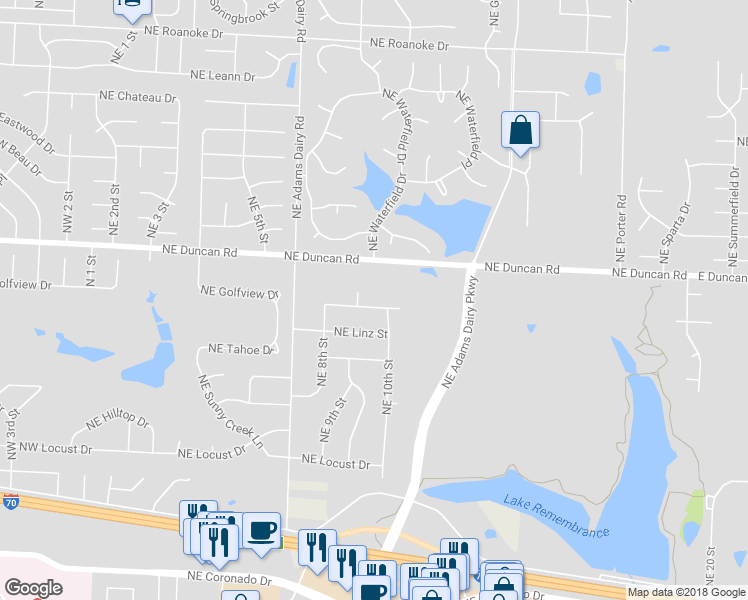 map of restaurants, bars, coffee shops, grocery stores, and more near 909 Northeast Wien Avenue in Blue Springs