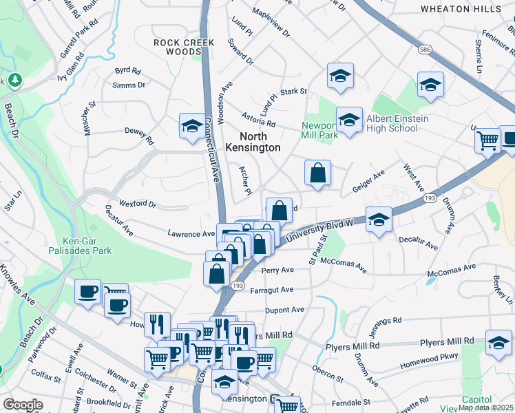 map of restaurants, bars, coffee shops, grocery stores, and more near 11002 Newport Mill Road in Kensington
