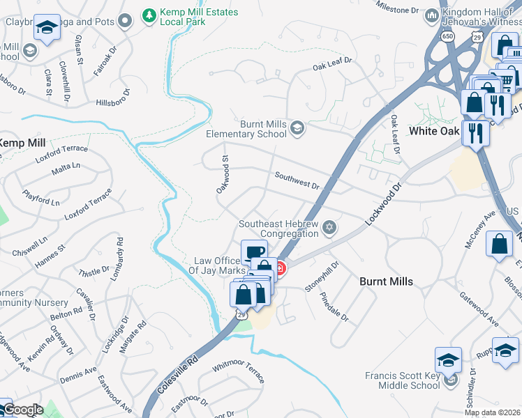 map of restaurants, bars, coffee shops, grocery stores, and more near 11009 Childs Street in Silver Spring