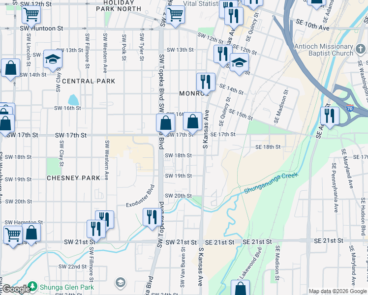 map of restaurants, bars, coffee shops, grocery stores, and more near 1721 Southwest Van Buren Street in Topeka
