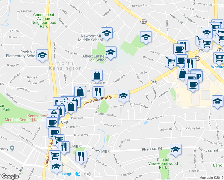 map of restaurants, bars, coffee shops, grocery stores, and more near 3333 University Boulevard West in Kensington