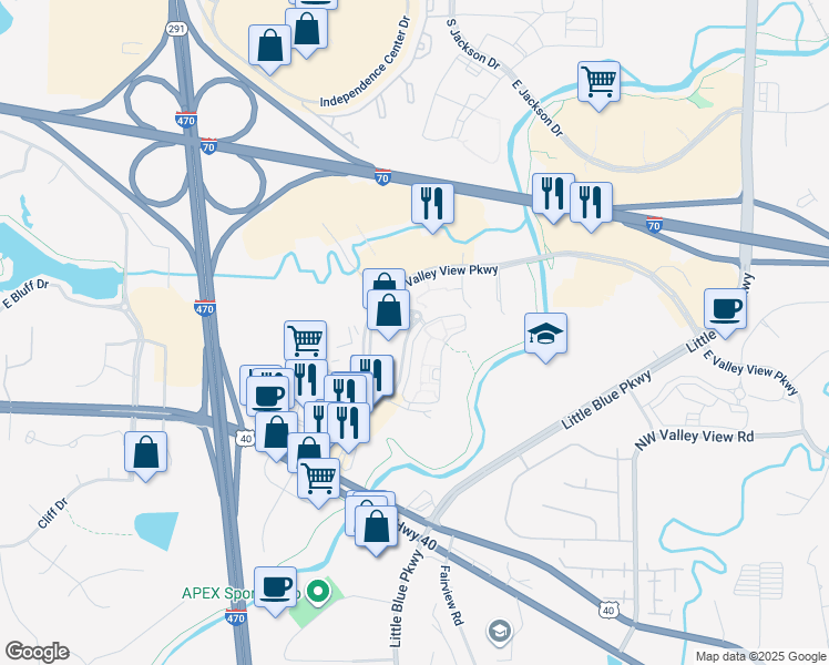 map of restaurants, bars, coffee shops, grocery stores, and more near 4609 South Eastland Center Drive in Independence