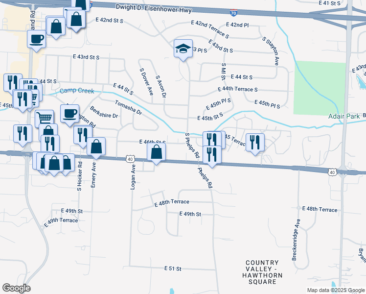 map of restaurants, bars, coffee shops, grocery stores, and more near 15109 East 46th Street South in Independence