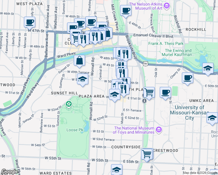map of restaurants, bars, coffee shops, grocery stores, and more near 5049 Wornall Road in Kansas City