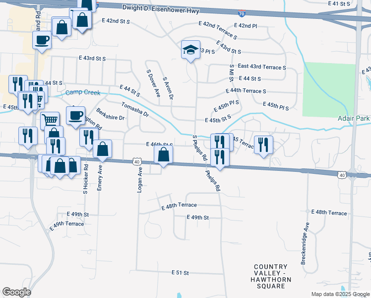 map of restaurants, bars, coffee shops, grocery stores, and more near 15109 E 46th Street South in Independence