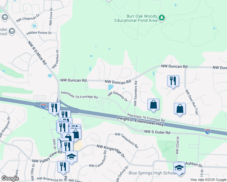 map of restaurants, bars, coffee shops, grocery stores, and more near 3179 Northwest Gateway Drive in Blue Springs