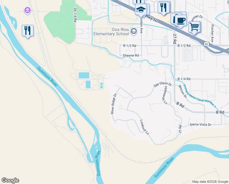 map of restaurants, bars, coffee shops, grocery stores, and more near 209 River Ridge Drive in Grand Junction