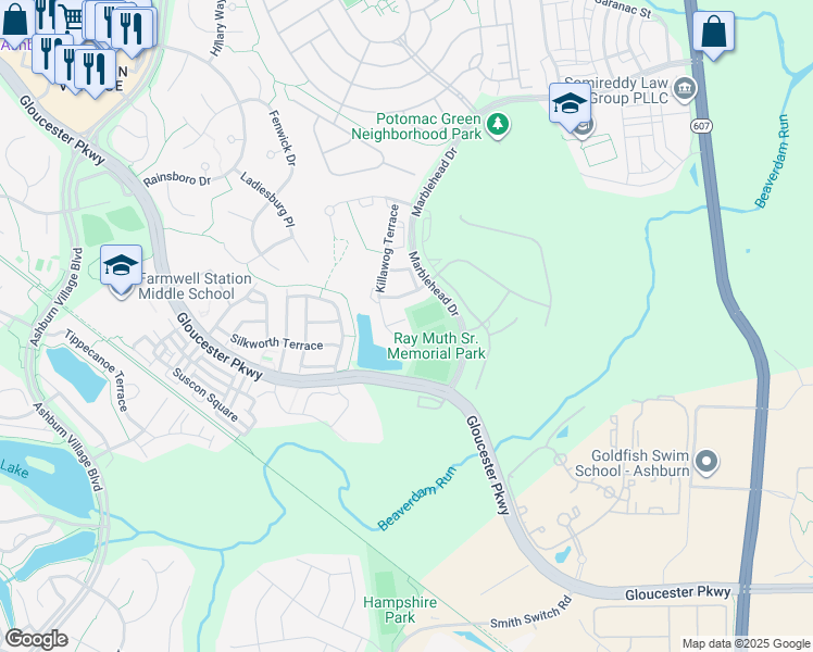 map of restaurants, bars, coffee shops, grocery stores, and more near 44485 Watertown Terrace in Ashburn