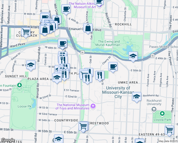 map of restaurants, bars, coffee shops, grocery stores, and more near 5050 Oak Street in Kansas City