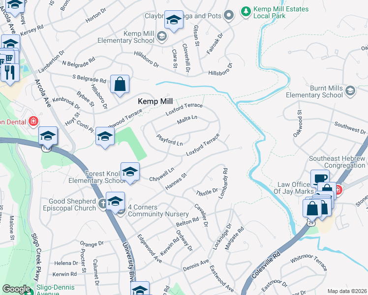 map of restaurants, bars, coffee shops, grocery stores, and more near 912 Playford Lane in Silver Spring