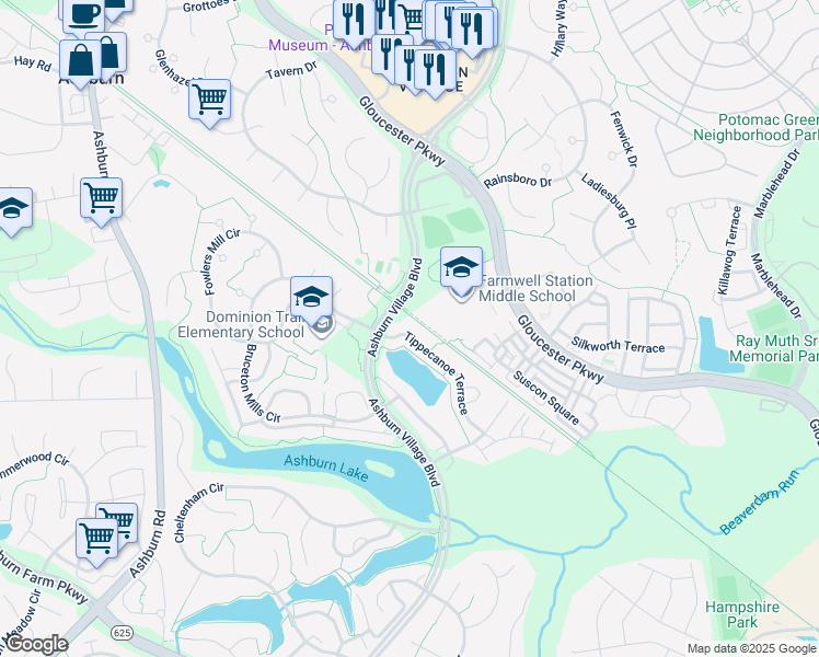 map of restaurants, bars, coffee shops, grocery stores, and more near 44090 Tippecanoe Terrace in Ashburn