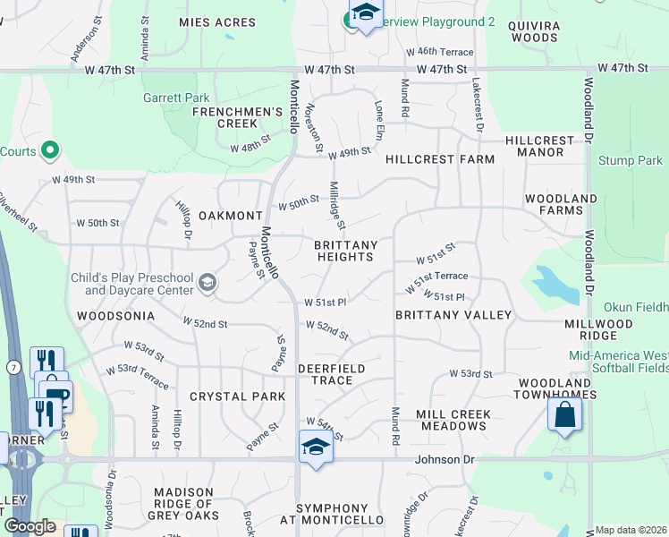 map of restaurants, bars, coffee shops, grocery stores, and more near 5103 Millridge Street in Shawnee