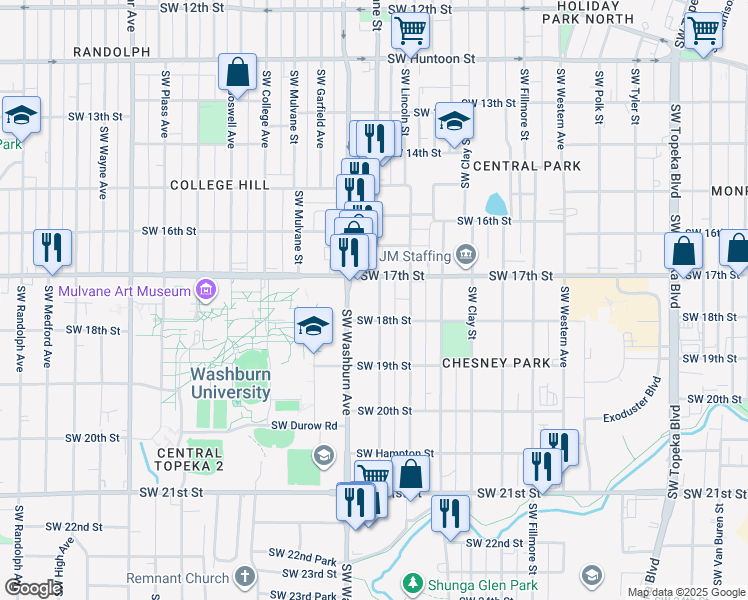 map of restaurants, bars, coffee shops, grocery stores, and more near 1719 Southwest Lane Street in Topeka