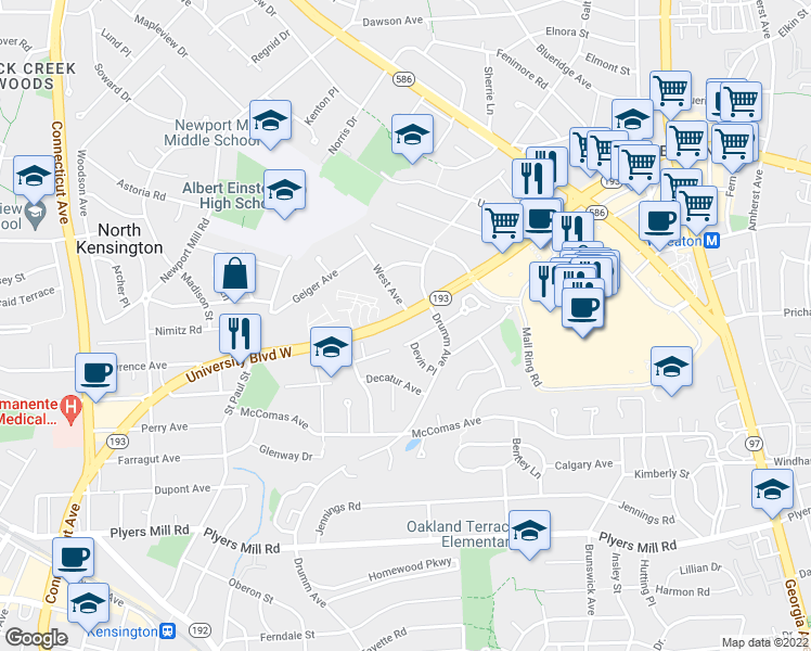map of restaurants, bars, coffee shops, grocery stores, and more near 3012 University Boulevard West in Kensington