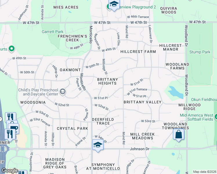 map of restaurants, bars, coffee shops, grocery stores, and more near 5103 Millridge Street in Shawnee
