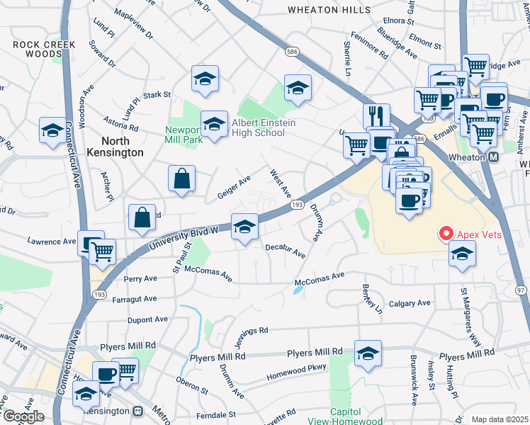 map of restaurants, bars, coffee shops, grocery stores, and more near 3123 University Boulevard West in Kensington