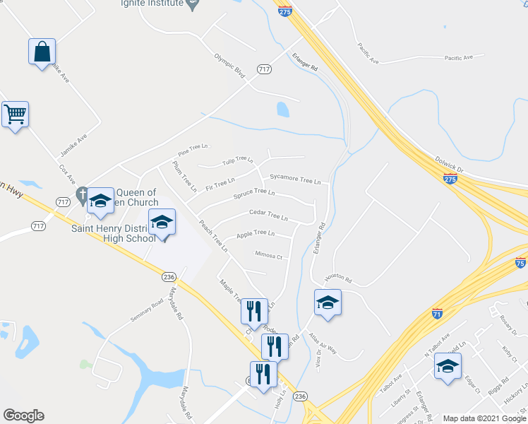 map of restaurants, bars, coffee shops, grocery stores, and more near 3367 Cedar Tree Lane in Erlanger