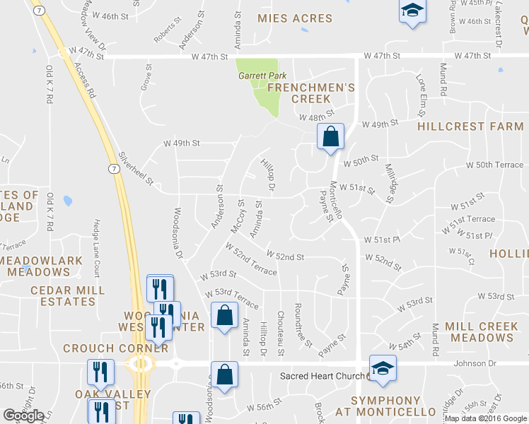 map of restaurants, bars, coffee shops, grocery stores, and more near 22404 West 51st Terrace in Shawnee