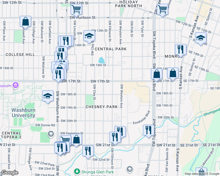 map of restaurants, bars, coffee shops, grocery stores, and more near 1719 Southwest Fillmore Street in Topeka
