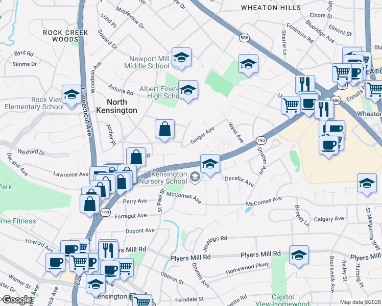 map of restaurants, bars, coffee shops, grocery stores, and more near 3333 University Boulevard West in Kensington