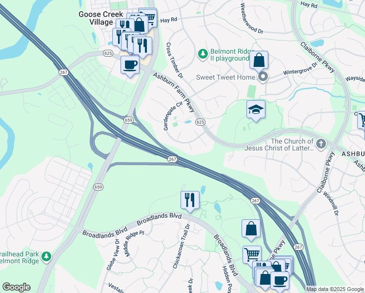 map of restaurants, bars, coffee shops, grocery stores, and more near 20947 Gardengate Circle in Ashburn