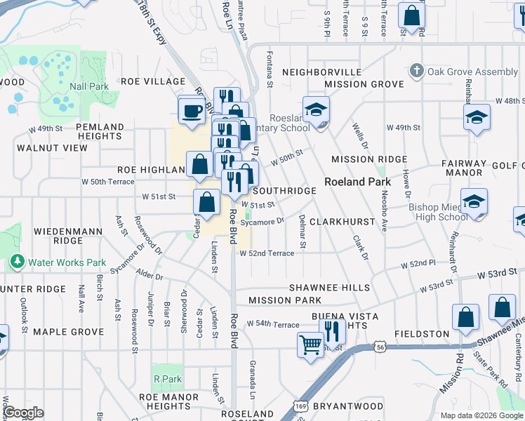 map of restaurants, bars, coffee shops, grocery stores, and more near in Roeland Park