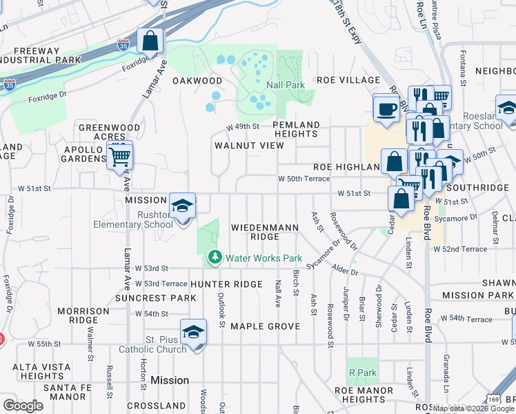 map of restaurants, bars, coffee shops, grocery stores, and more near 5121 Maple Avenue in Mission
