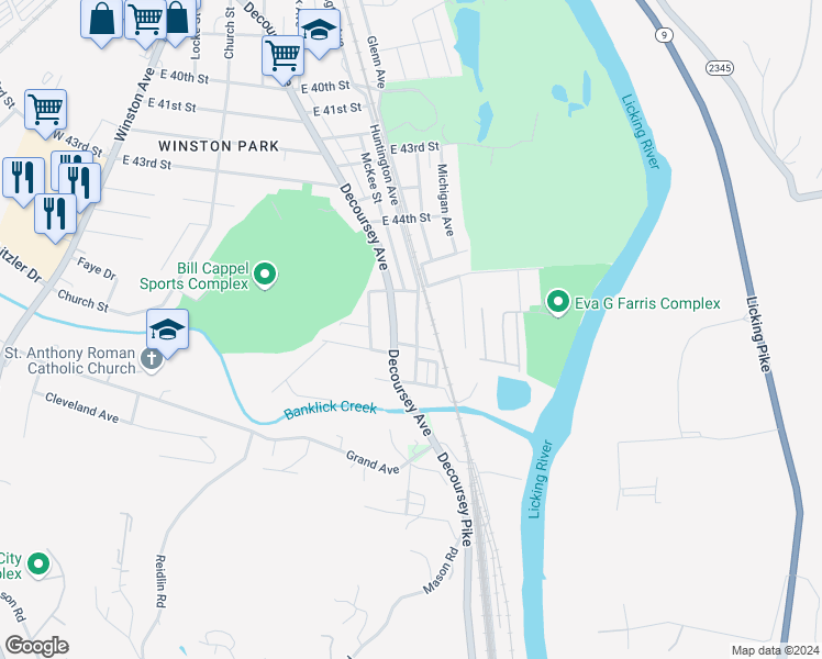 map of restaurants, bars, coffee shops, grocery stores, and more near 4533 Huntington Avenue in Covington