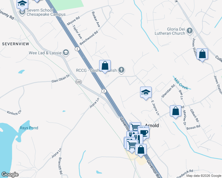 map of restaurants, bars, coffee shops, grocery stores, and more near 1 East Joyce Lane in Arnold