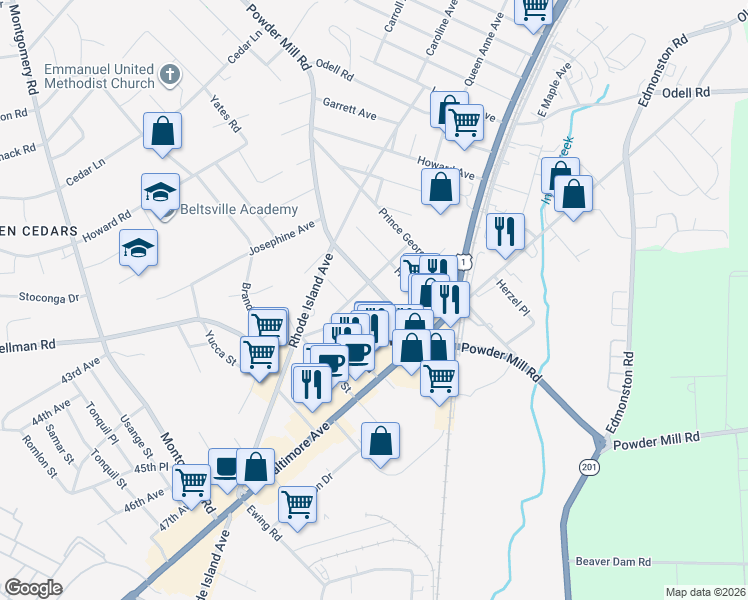 map of restaurants, bars, coffee shops, grocery stores, and more near 4925 Powder Mill Road in Beltsville