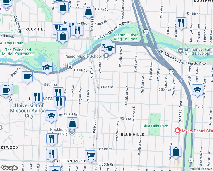 map of restaurants, bars, coffee shops, grocery stores, and more near 1522 East 50th Street in Kansas City