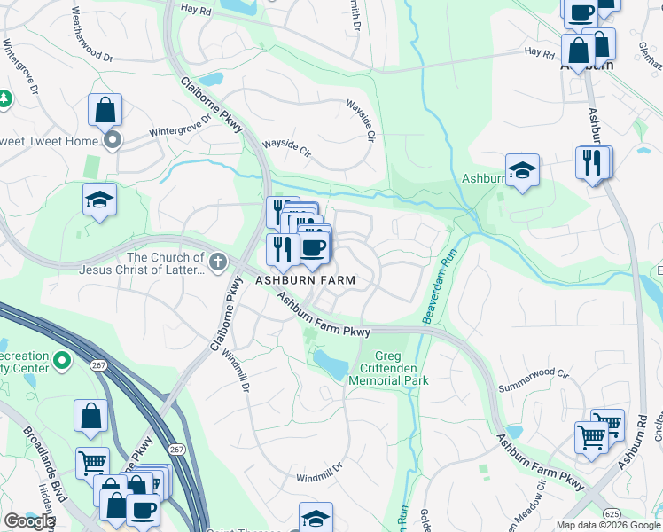 map of restaurants, bars, coffee shops, grocery stores, and more near 21026 Timber Ridge Terrace in Ashburn