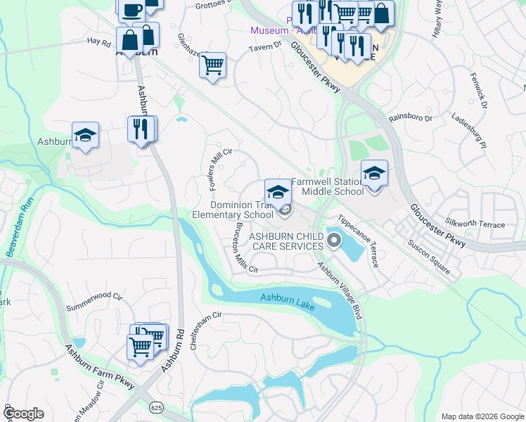 map of restaurants, bars, coffee shops, grocery stores, and more near 20958 Rootstown Terrace in Ashburn