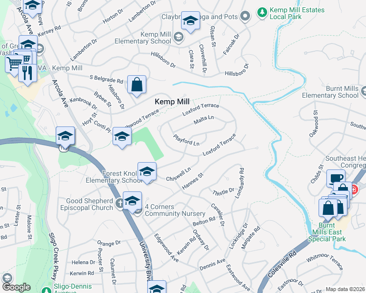 map of restaurants, bars, coffee shops, grocery stores, and more near 1003 Caddington Avenue in Silver Spring