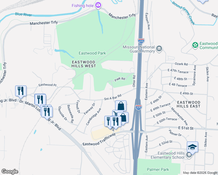 map of restaurants, bars, coffee shops, grocery stores, and more near 4812 South Park Road in Kansas City